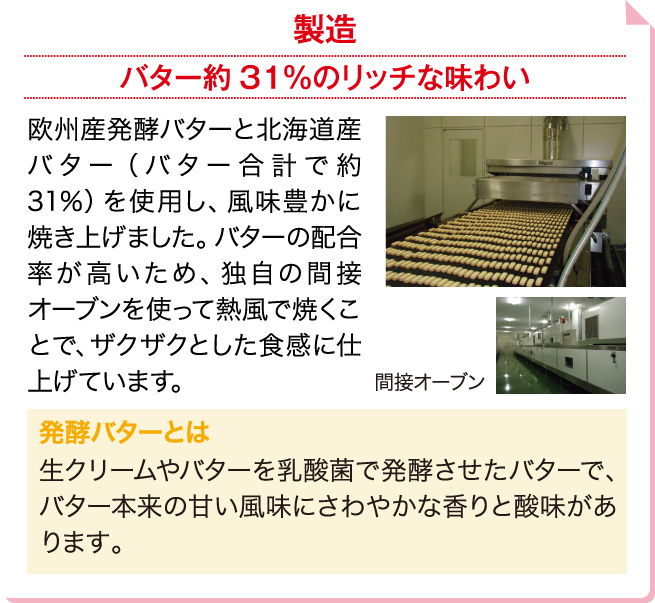 製造 バター約31％のリッチな味わい 欧州産発酵バターと北海道産バター（バター合計で約31％）を使用し、風味豊かに焼き上げました。バターの配合率が高いため、独自の間接オーブンを使って熱風で焼くことで、ザクザクとした食感に仕上げています。 発酵バターとは 生クリームやバターを乳酸菌で発酵させたバターで、バター本来の甘い風味にさわやかな香りと酸味があります。 間接オーブンのイメージ
