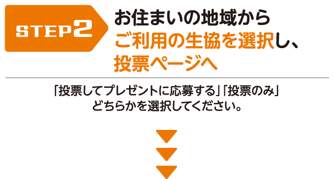 【STEP2】お住まいの地域からご利用の生協を選択し、投票ページへ（「投票してプレゼントに応募する」「投票のみ」どちらかを選択してください。）