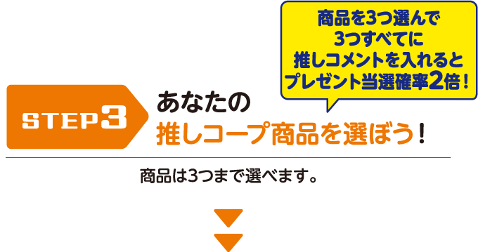 【STEP3】あなたの推しコープ商品を選ぼう！（商品は3つまで選べます。）商品を3つ選んで3つすべてに推しコメントを入れるとプレゼント当選確率2倍！