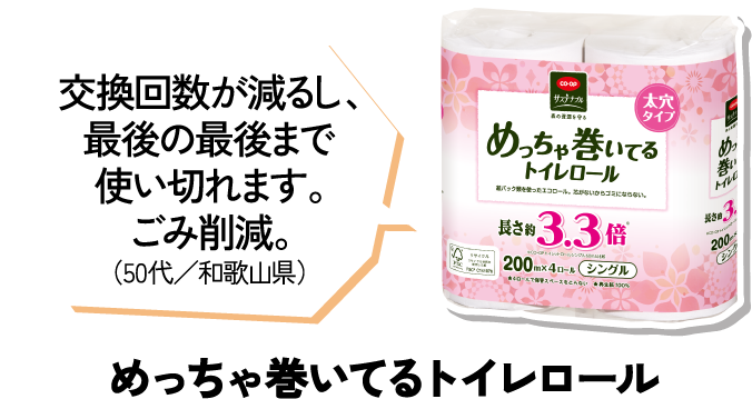交換回数が減るし、最後の最後まで使い切れます。ごみ削減。（50代／和歌山県） めっちゃ巻いてるトイレロール