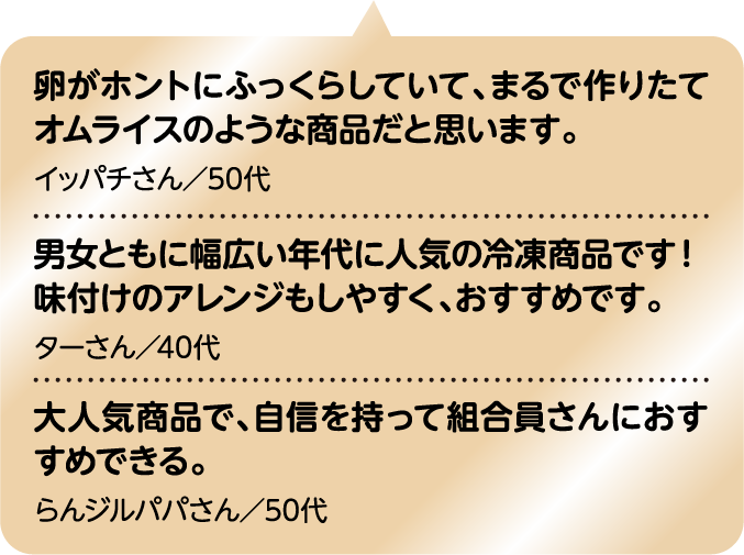 卵がホントにふっくらしていて、まるで作りたてオムライスのような商品だと思います。 イッパチさん／50代｜男女ともに幅広い年代に人気の冷凍商品です！味付けのアレンジもしやすく、おすすめです。 ターさん／40代｜大人気商品で、自信を持って組合員さんにおすすめできる。 らんジルパパさん／50代