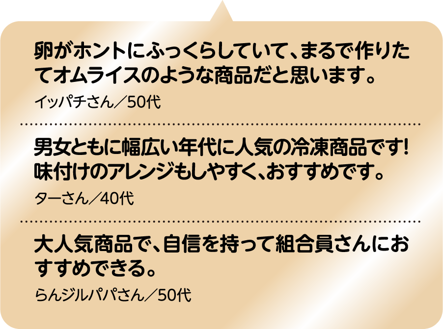 卵がホントにふっくらしていて、まるで作りたてオムライスのような商品だと思います。 イッパチさん／50代｜男女ともに幅広い年代に人気の冷凍商品です！味付けのアレンジもしやすく、おすすめです。 ターさん／40代｜大人気商品で、自信を持って組合員さんにおすすめできる。 らんジルパパさん／50代