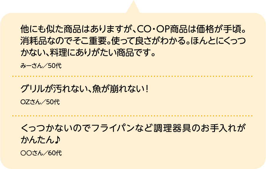 他にも似た商品はありますが、CO・OP商品は価格が手頃。消耗品なのでそこ重要。使って良さがわかる。ほんとにくっつかない、料理にありがたい商品です。 みーさん／50代｜グリルが汚れない、魚が崩れない！ OZさん／50代｜くっつかないのでフライパンなど調理器具のお手入れがかんたん♪ ○○さん／60代